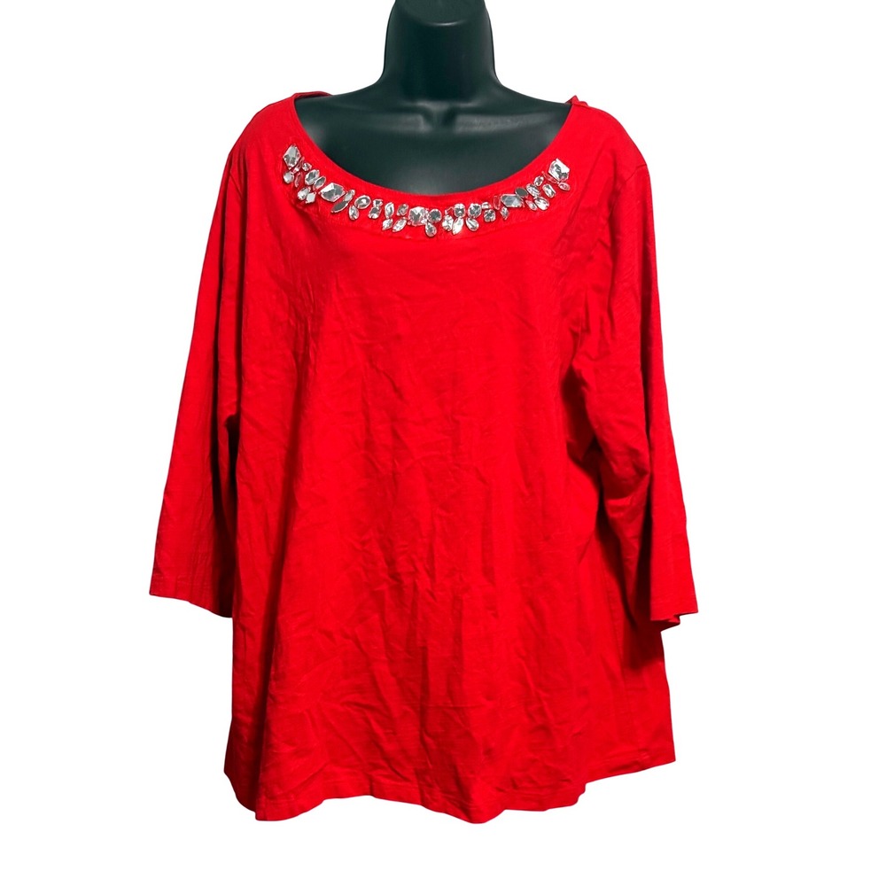 St. Johns Bay Woman Red Rhinestone Scoop Neck 3/4 Sleeve Cotton Top 3X